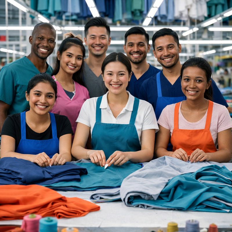 Group of workers in a clothing factory with fabric and sewing equipment.